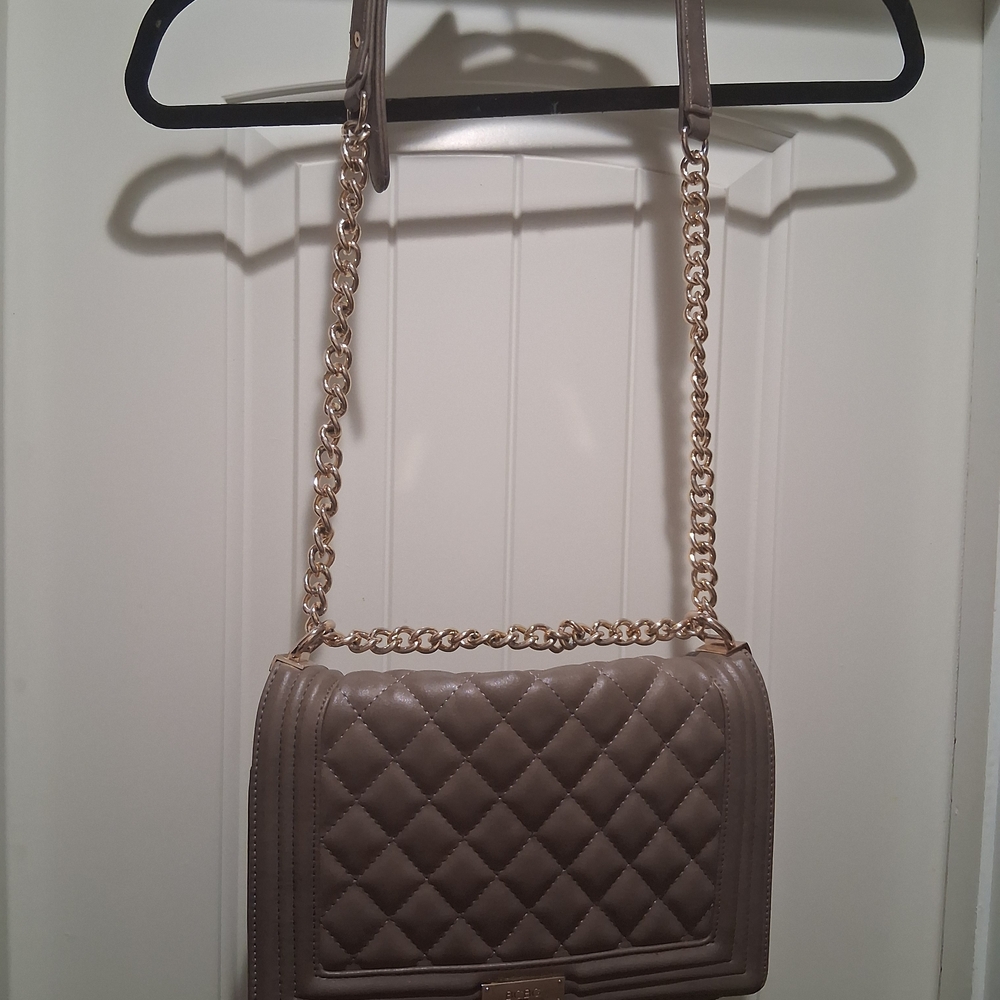 BCBG Paris Taupe Quilted Crossbody Bag with Chain Strap